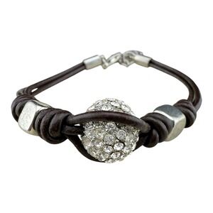 Sweet Lola Brown Leather Rhinestone Ball Charm Bracelet Silver Tone Accent Beads